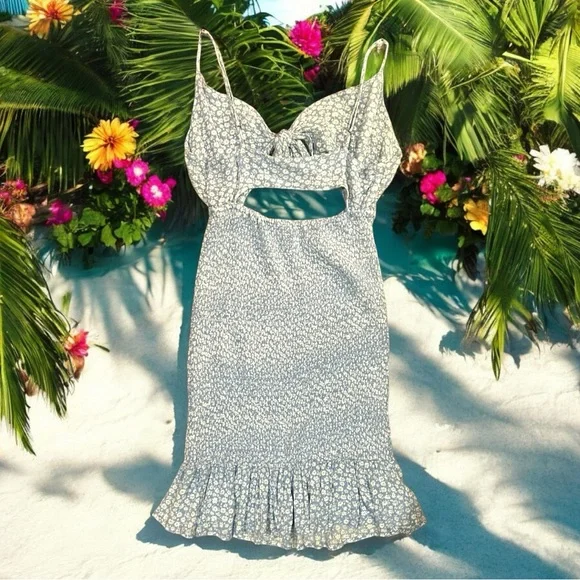 FLORAL SMOCKED TIE CUT OUT RUFFLE HEM MINI DRESS, SZ=LG. - Picture 3 of 15
